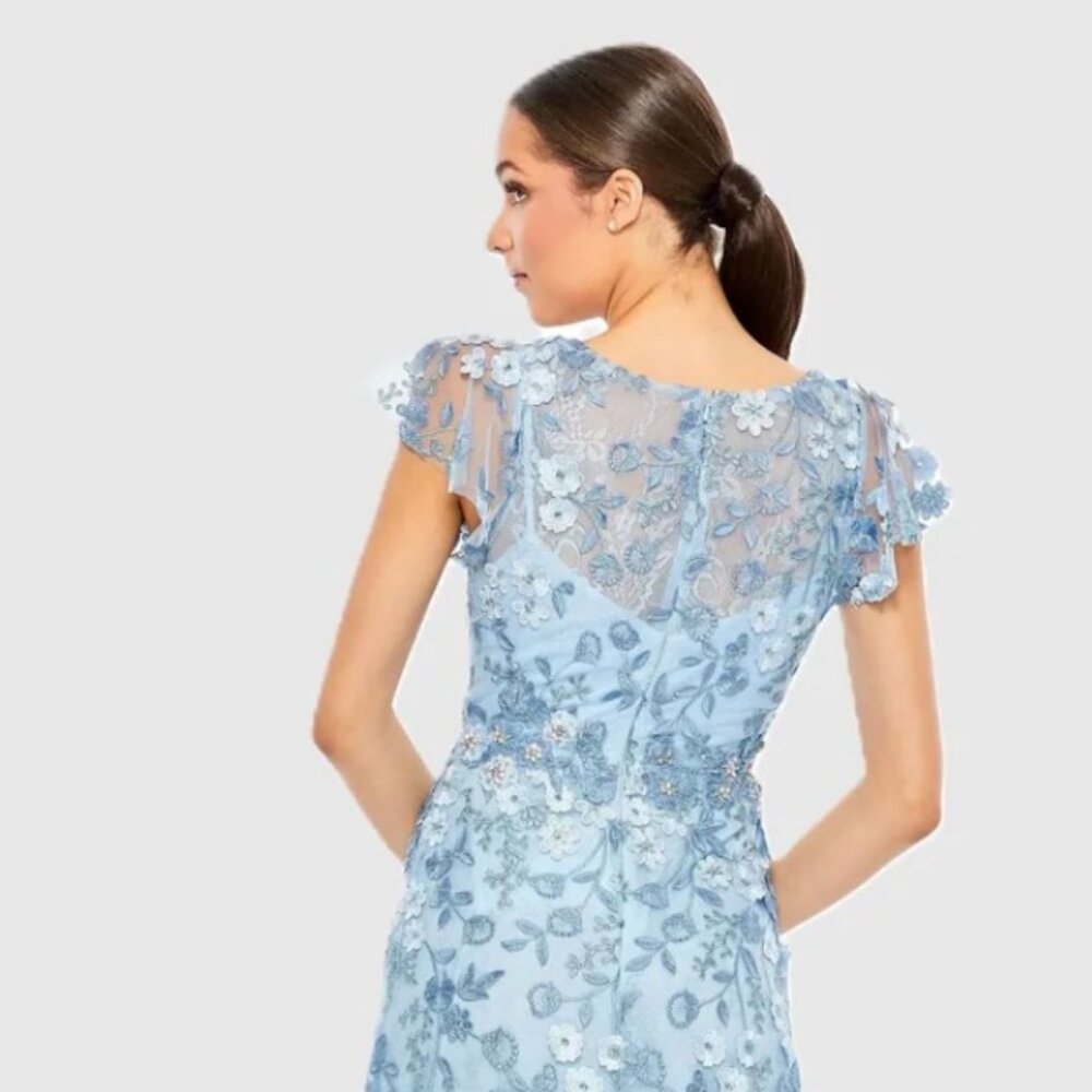 NWT Mac Duggal Size 6 Blue Embroidered Applique Wrap Over Flutter Sleeve Gown - Picture 6 of 6